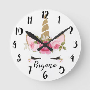 Einhorn Gold Rosa Blumen Süß Trendige Schlafzimmer Runde Wanduhr