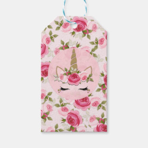 Einhorn Gold Rosa Florale Rosen Geburtstagsfeier Geschenkanhänger
