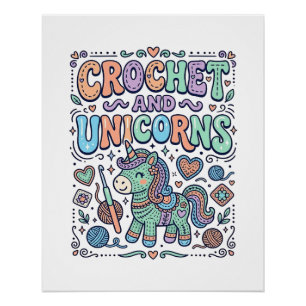Einhorn-Häkel- und Einhörner Kawaii-Aufkleber und Poster