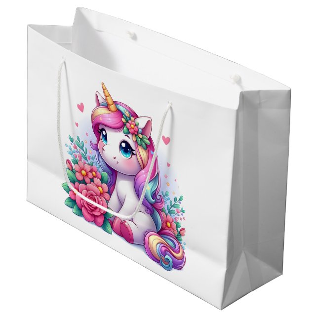 Einhorn im Garten Große Geschenktüte (Vorderseite Schrägansicht)