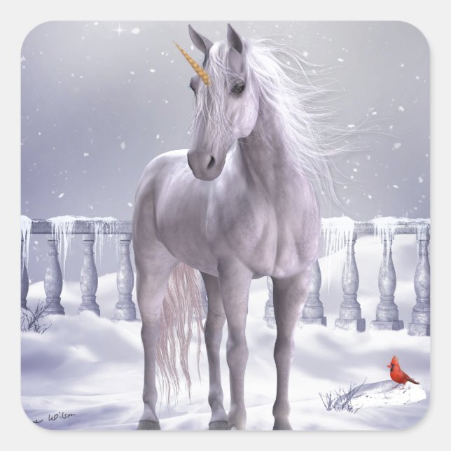 Einhorn im Schnee Quadratischer Aufkleber (Vorderseite)