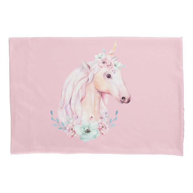Einhorn in Blume Whimsisches Aquarellfarben Rosa Kissenbezug (Vorderseite)