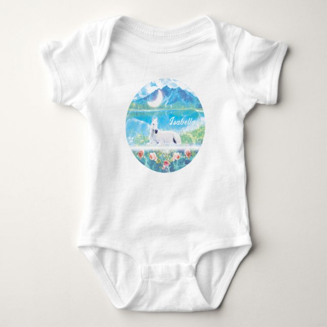 Einhorn in einer paradiesischen Traumwelt maßgesch Baby Strampler (Vorderseite)