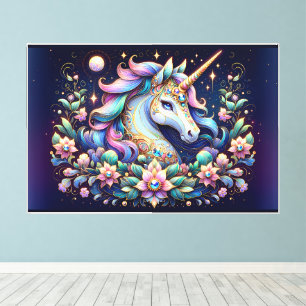 Einhorn in Juwel-Tönen - Florale Fantasie Leinwanddruck