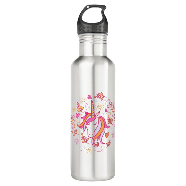 Einhorn in Rosa und Orange Edelstahlflasche (Vorderseite)