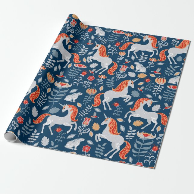 Einhorn, Kaninchen, Vögel, Blume auf blauem Unterg Geschenkpapier (Ungerollt)