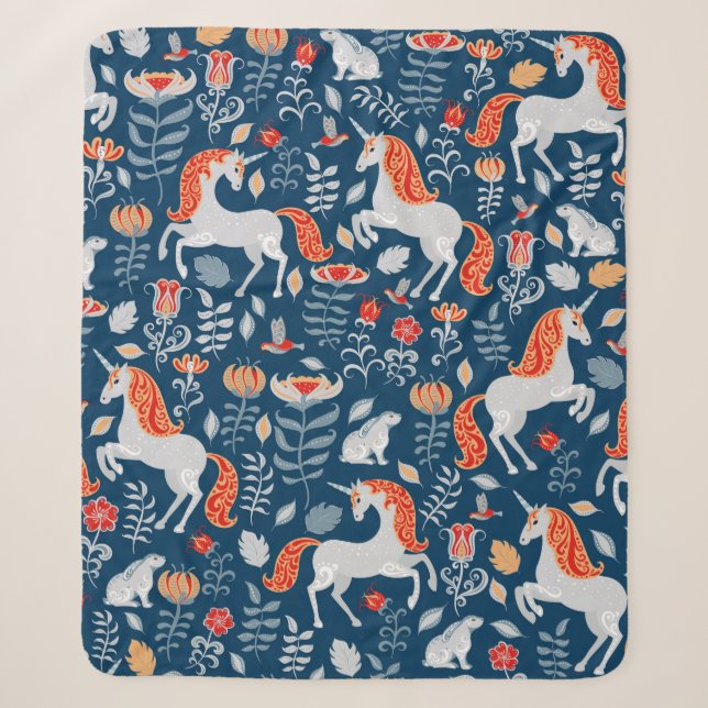Einhorn, Kaninchen, Vögel, Blume auf blauem Unterg Sherpadecke (Vorderseite)