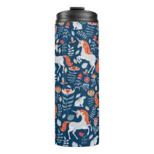 Einhorn, Kaninchen, Vögel, Blume auf blauem Unterg Thermosbecher