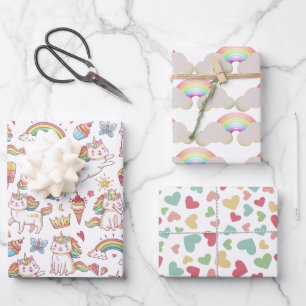 Einhorn Kätzchen 'n Süße Leckereien, Herzen, Regen Geschenkpapier Set
