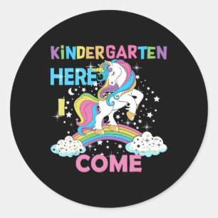 Einhorn-Kindergarten Hier komme ich Schule Kinderg Runder Aufkleber