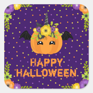 Einhorn-Kürbis Frohes Halloween Lila Quadrat Stic Quadratischer Aufkleber