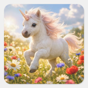 Einhorn läuft auf einem Feld mit Wildblumen Quadratischer Aufkleber