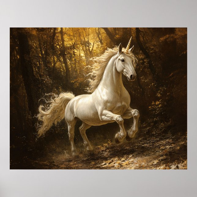 Einhorn läuft durch Waldmalerei Poster (Vorne)