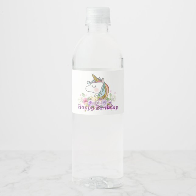 Einhorn, lila Blüte, Etikett der Wasserflasche (Vorderseite)