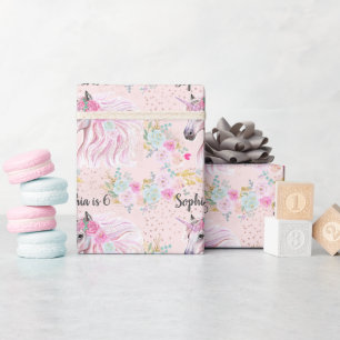 Einhorn Mädchen Rosa Blumen Gold Glitter Name Alte Geschenkpapier