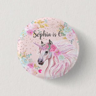 Einhorn Mädchenhaft Rosa Blumen Gold Glitter Name Button