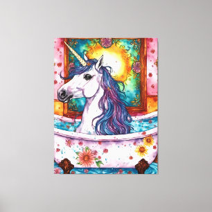 Einhorn mit blauer und violetter Mähne im Bad  Leinwanddruck