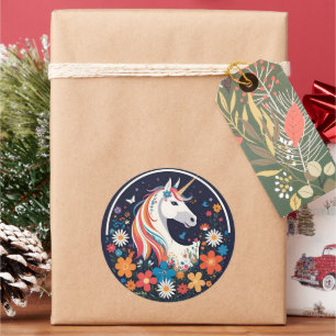 Einhorn mit Blume und Schmetterlingen Runder Aufkleber