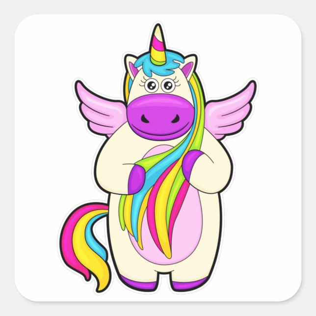 Einhorn mit bunten Haaren Quadratischer Aufkleber (Vorderseite)