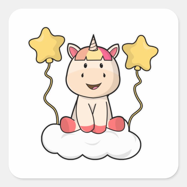 Einhorn mit Cloud & Stars Quadratischer Aufkleber (Vorderseite)