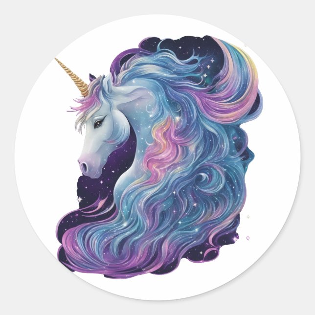 Einhorn mit fließender Mähne, umgeben von Sternen Runder Aufkleber (Vorderseite)