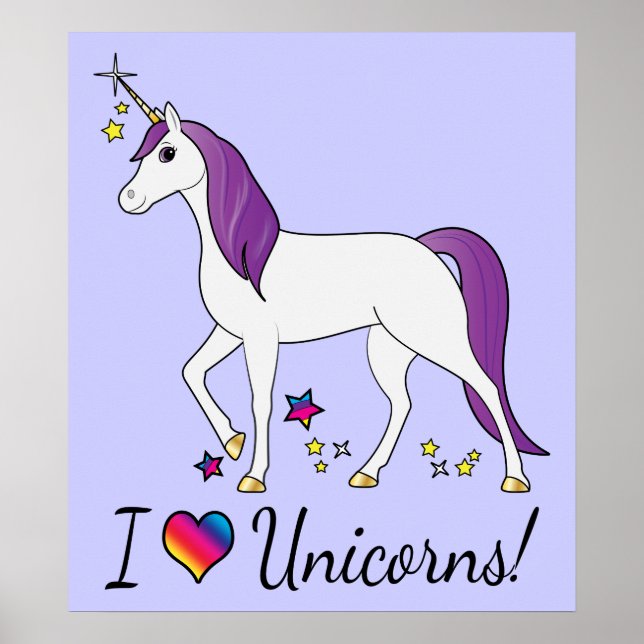 Einhorn mit Lila Haar: Ich Liebe Einhörner! Poster (Vorne)