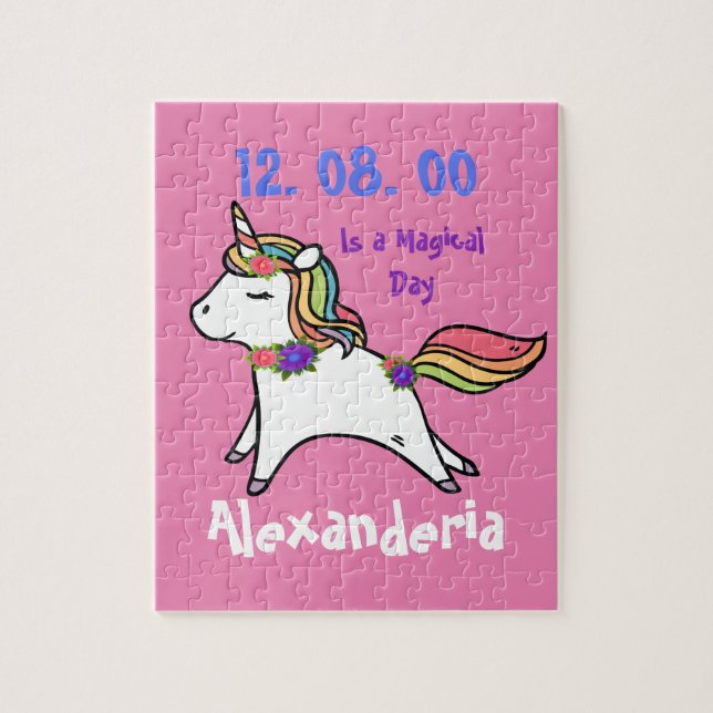 Einhorn mit lila Regenbogen, rosa Blume Geburtstag (Vertikal)