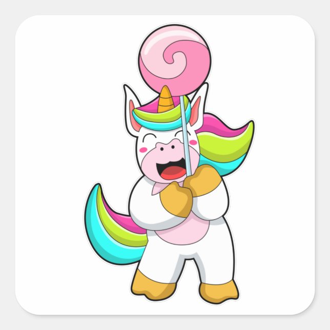 Einhorn mit Lollipop Quadratischer Aufkleber (Vorderseite)