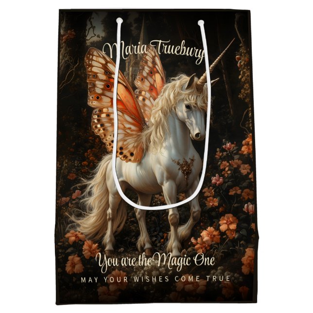 Einhorn mit Orange Butterfly Flügel Ermutigung Mittlere Geschenktüte (Rückseite)