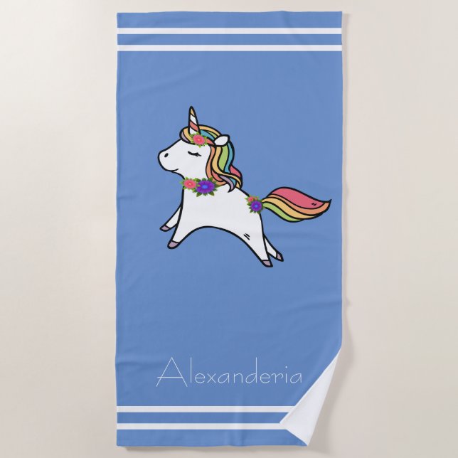 Einhorn mit Regenbogen, lila, rosa Blume, Kleinkin Strandtuch (Vorderseite)