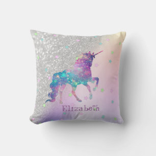 Einhorn mit Regenbogen, Sternen, Silber Glitter Bo Kissen
