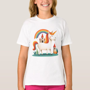 Einhorn mit Regenbogen und Schloss – Süße Fantasy T-Shirt