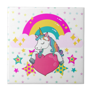 Einhorn mit Regenbogen und Sternen Fliese