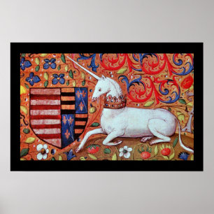 EINHORN MIT ROTEN BLAUEN BLUMENMOTIVEN POSTER