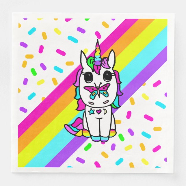 Einhorn mit Schmetterling auf Nose-Regenbogen-Spri Serviette (Vorderseite)