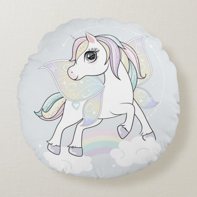 Einhorn mit Schmetterlingsflügeln Rundes Kissen (Vorderseite)