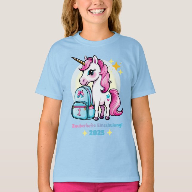 Einhorn mit Schultasche - Zauberhafte Einschulung T-Shirt (Vorderseite)