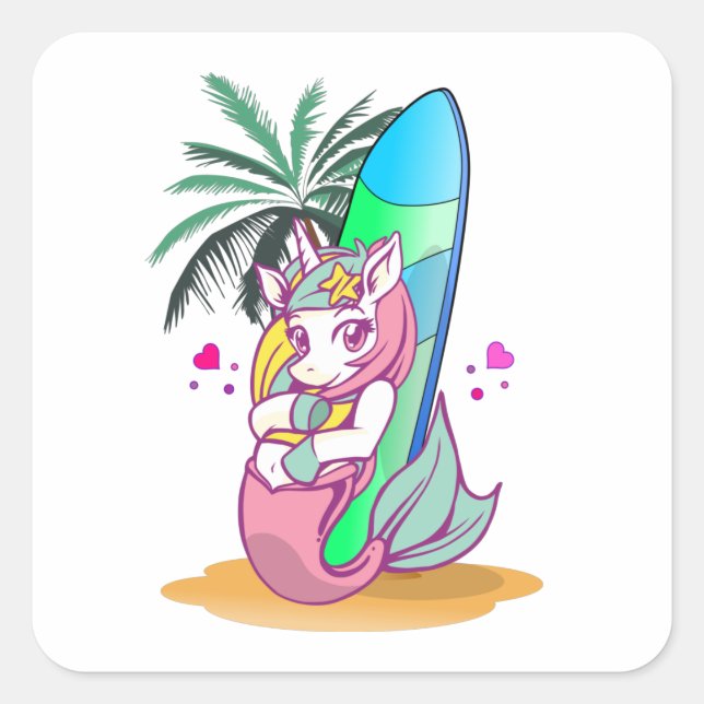 Einhorn mit Surfbrett am Strand Quadratischer Aufkleber (Vorderseite)