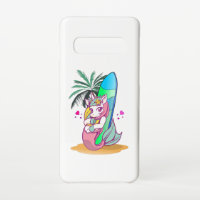 Einhorn mit Surfbrett am Strand