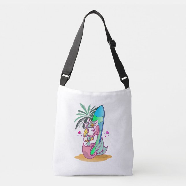 Einhorn mit Surfbrett am Strand Tragetaschen Mit Langen Trägern (Vorderseite)