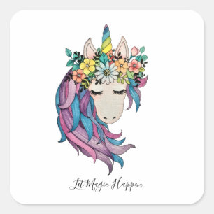 Einhorn mit Wildblumen in Wasserfarbe Quadratischer Aufkleber