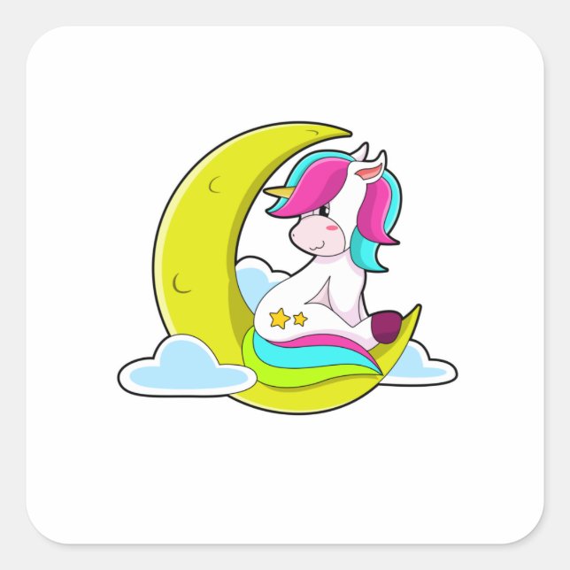 Einhorn mit Wolken und Mond Quadratischer Aufkleber (Vorderseite)