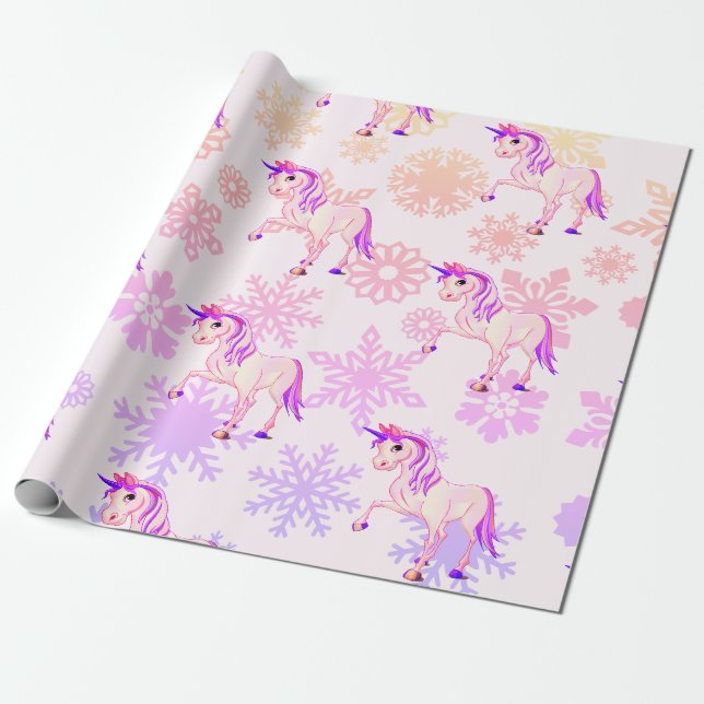 Einhorn Niedlich Girl Whimsical Pink Schneeflocken Geschenkpapier (Ungerollt)