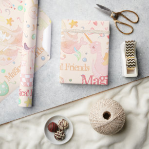 Einhorn-Nixe-Narwal-Drache-Pastell-Personalisiert Geschenkpapier