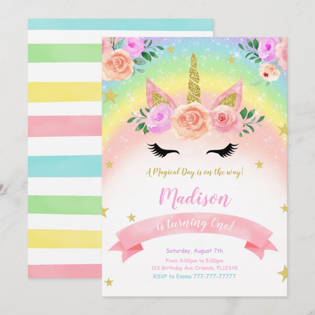 Einhorn-Party Einladung (Vorne/Hinten)