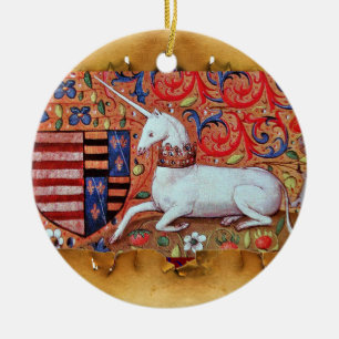 EINHORN-PERGAMENT MIT ROTEM RUBIN-EDELSTEIN KERAMIKORNAMENT