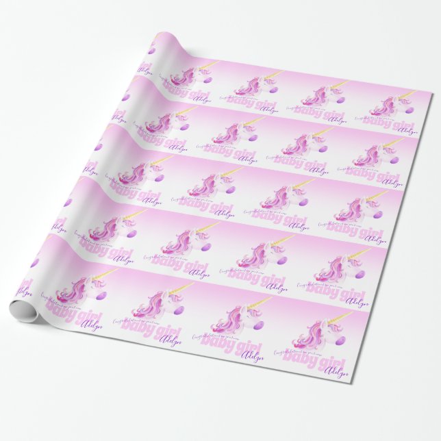 Einhorn personalisiertes neues Baby-Rosa-Papier Geschenkpapier (Ungerollt)