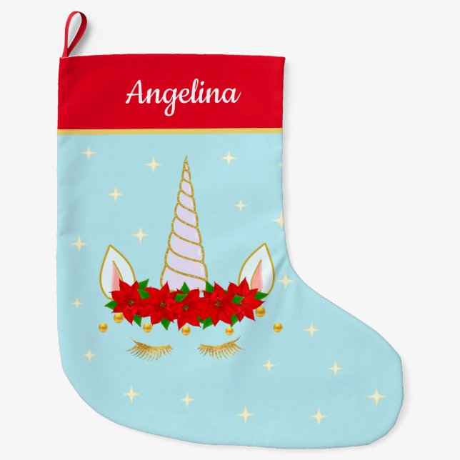 Einhorn, Poinsettia Blume & Sterne auf hellblau Großer Weihnachtsstrumpf (Vorderseite)