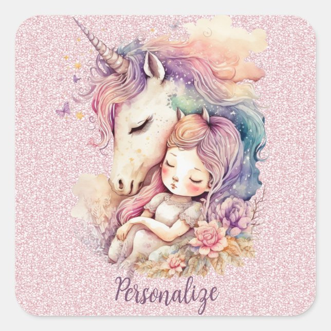 Einhorn Prinzessin schlafen in Blume Rosa Glitzer Quadratischer Aufkleber (Vorderseite)