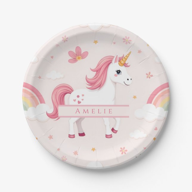 Einhorn, Regenbogen, Blume, Name, Party Pappteller (Vorderseite)